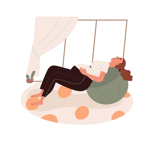 Pregnant woman with belly practicing breathing exercises on fitness ball. Prenatal yoga for back pain relief during pregnancy and contractions. Flat vector illustration isolated on white .