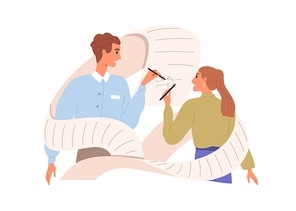 Business partners signing contract. People with pens putting signatures on paper document, concluding agreement. Treaty conclusion concept. Flat vector illustration isolated on white .