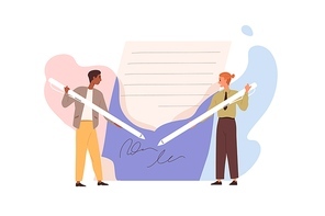 Contract signing concept. Partners putting signatures on business paper document. Businessmen with pens during legal agreement conclusion. Flat vector illustration isolated on white background.