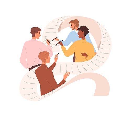 Group of partners signing contract. Business team concluding agreement, putting signatures. Deal conclusion, cooperation and partnership concept. Flat vector illustration isolated on white .