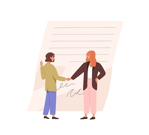 Business partners handshake and signed contract. Agreement conclusion concept. Businesswomen making deal, shaking hands after document approval. Flat vector illustration isolated on white background.