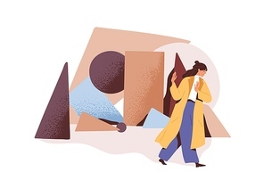 Person ignoring and getting away from troubles. Woman avoid and deny responsibility for life problems, escaping difficulties. Ignorance concept. Flat vector illustration isolated on white .