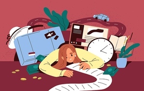 Busy person overloaded with many tasks in to-do list and lot of plans for holiday travel. Concept of multitasking and businesses burden. Woman in stress with multiple problem. Flat vector illustration.