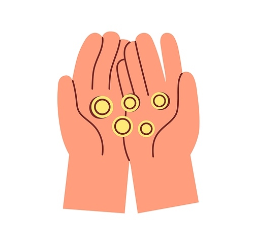Coins in palms icon. Hands holding gold cash money, change. Finance, charity and philanthropy concept. Financial donation, help and support. Flat vector illustration isolated on white .