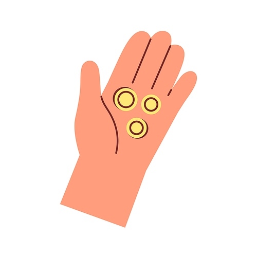 Gold coins in palm. Hands holding cash change for charity and help. Alms, mercy and financial support, aid concept. Contribution and donation. Flat vector illustration isolated on white .