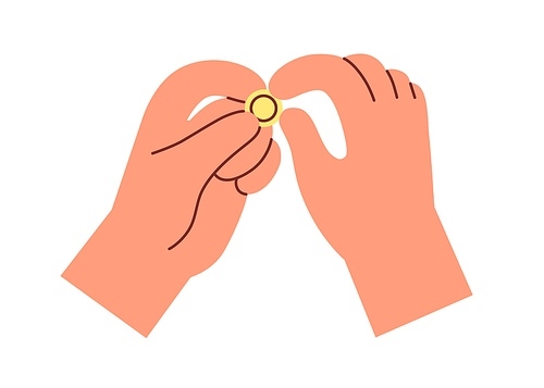 Gold coin in fingers. Hands giving and receiving money bonuses, change, financial help, gift and support. Savings, earnings concept. Flat vector illustration isolated on white .