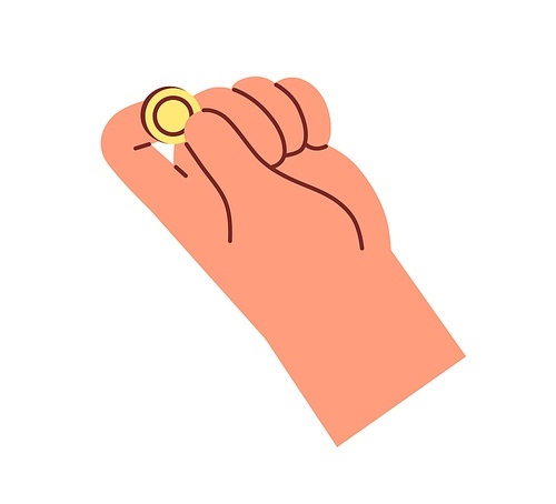Gold coin in fingers. Hand with money. Thumb and forefinger with change to toss icon. Savings, bonuses, financial help and cashback concept. Flat vector illustration isolated on white .