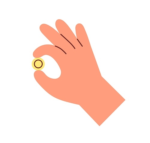 Gold coin in fingers. Hand holding money change, gesturing OK. Financial bonuses, cashback, gift, help and charity concept. Finance in cash. Flat vector illustration isolated on white .