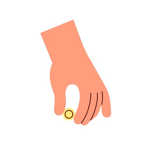 Fingers squeezing gold coin. Hand holding change, donating. Finance help, donation, charity and contribution concept. Person giving cash, paying. Flat vector illustration isolated on white .