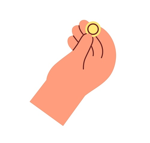 Hand holding gold coin. Fingers with money icon. Finance, savings concept. Abstract change, cash. Financial bonus, cashback. Colored flat vector illustration isolated on white .
