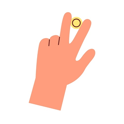 Coin squeezed between index and middle fingers icon. Hand holding abstract gold change, penny. Money bonuses, financial cashback concept. Flat vector illustration isolated on white .