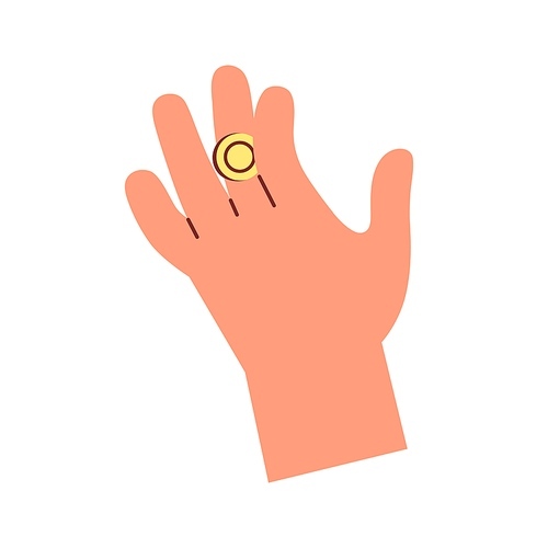 Gold coin squeezed in fingers. Tricky hand holding money change. Finance crime, economy fraud, trick and cheating, financial concept. Flat vector illustration isolated on white .