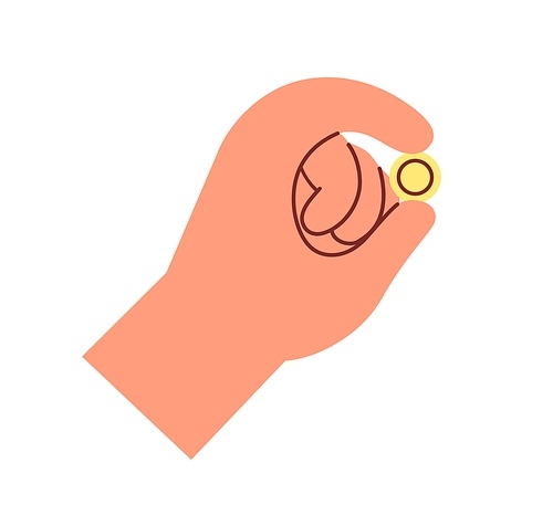 Fingers squeezing gold dollar coin. Hand holding cash money, change. Human with cent, penny icon. Financial bonuses, charity concept. Flat vector illustration isolated on white .