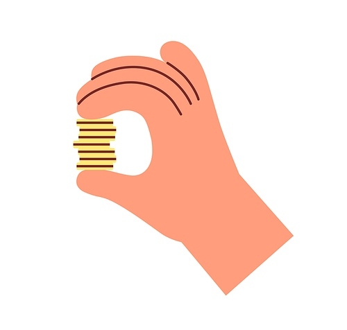 Gold coin stack in hand. Cash money, change squeezed between fingers. Finance icon. Financial capital, wealth, profit, bonus and savings concept. Flat vector illustration isolated on white .