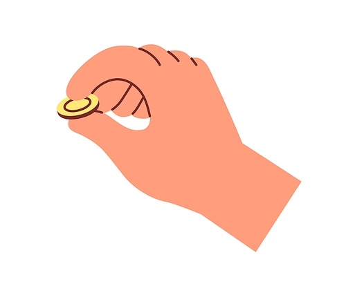 Coin squeezed in fingers. Hand holding money, change. Gold dollar cent in arm, financial icon. Finance, bonuses, cashback and investing concept. Flat vector illustration isolated on white .