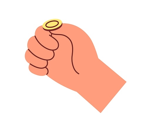 Toss-up with gold coin. Hand flipping, throwing money, holding change on thumb finger. Heads or tails game for luck, chance. Finance concept. Flat vector illustration isolated on white .