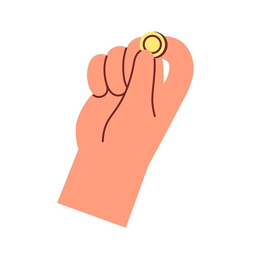 Gold coin squeezed between fingers icon. Hand holding abstract golden dollar cent, money change. Financial bonus, cashback, charity concept. Flat vector illustration isolated on white .