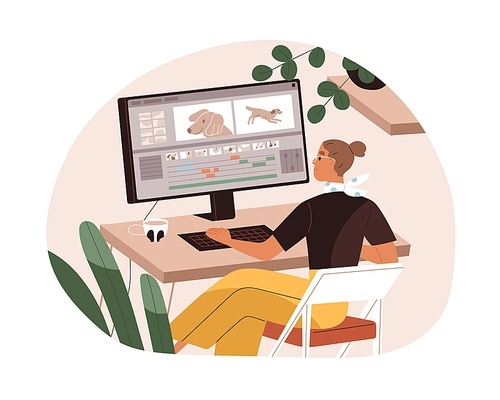 Motion graphic designer work at computer, creating animation design. Digital creator working at desktop screen. Video editor woman at PC desk. Flat vector illustration isolated on white .