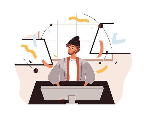 Creator work at computer. Creative digital artist at PC desk. Art director at desktop. Motion designer at workplace, creating and designing. Flat vector illustration isolated on white .