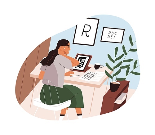 Lettering and calligraphy artist at work. Type designer creating typography design, drawing handwriting font at desk. Creative woman at workplace. Flat vector illustration isolated on white .