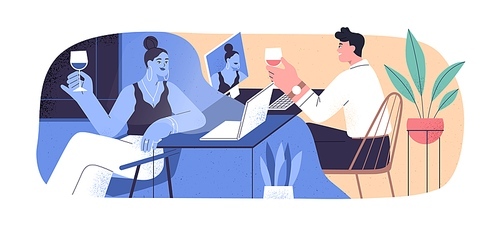 Love couple at online date. Internet call of man and woman with wine. Virtual romantic meeting of people at laptops. Video conference. Flat graphic vector illustration isolated on white .