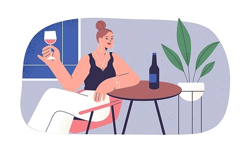 Woman drink alcohol alone, sitting at table with wine bottle at home. Happy lady relax in solitude with wineglass in hand, tasting and enjoying. Flat vector illustration isolated on white .