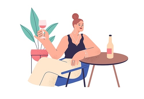Happy woman hold red wine glass in hands, tasting and enjoying alcohol in solitude. Female with wineglass drinking and relaxing at table. Flat graphic vector illustration isolated on white .