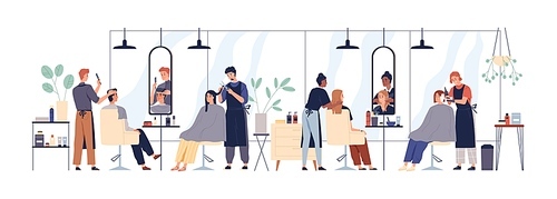 Hairdressers, barbers and customers during hair care, makeover in beauty salon. Hairstylists doing haircuts for people clients, men and women. Flat vector illustration isolated on white .