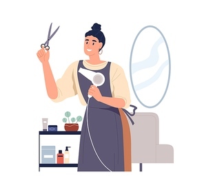 Hairdresser with professional tools at work. Hairstylist with scissors and hair dryer in hands in salon. Happy woman barber master portrait. Flat vector illustration isolated on white .