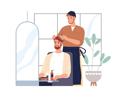 Barber doing haircut for man in barbershop. Hairdresser cutting, styling and caring about clients hair in salon. Male hairstylist at work. Flat vector illustration isolated on white .
