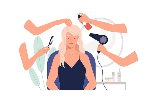 Woman client in hair salon during makeover. Hairdressers hands caring and doing hairstyle for female customer in chair, combing and drying. Flat vector illustration isolated on white .