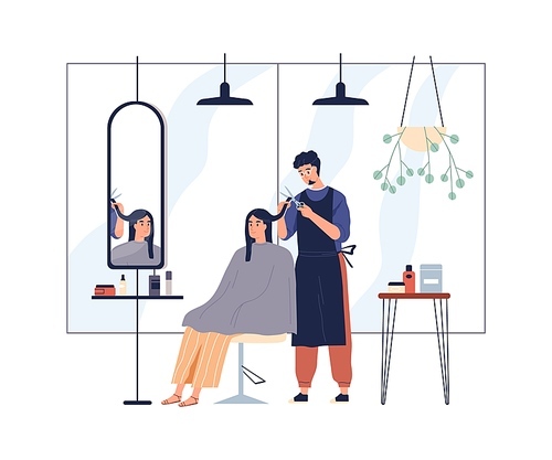 Hairdresser cutting clients hair in salon. Hairstylist doing haircut with scissors for woman customer in chair. Professional treatment process. Flat vector illustration isolated on white .
