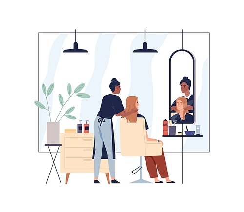 Hairdresser and woman client in chair in front of mirror in beauty salon. Hairstylist caring and treating customers hair, doing hairstyle. Flat vector illustration isolated on white .