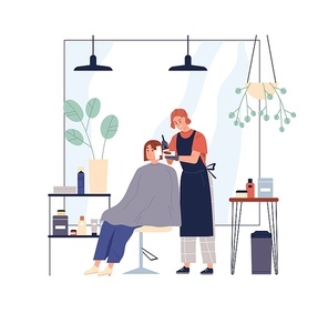 Hairdresser dyeing hair of woman client sitting in chair in beauty salon. Hairstylist colorist with paint and brush, treating customer. Flat graphic vector illustration isolated on white .