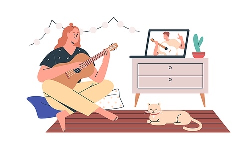 Student at online music lesson via internet at home. Woman learning to play acoustic guitar at virtual course, remote class with musician teacher. Flat vector illustration isolated on white .