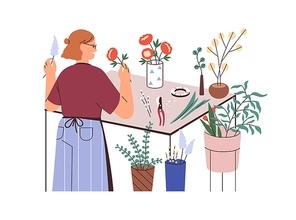 Florist with plants in vases, smelling flowers in floral shop. Woman works with fresh bouquets, floristry, blooms. Floristic business. Flat vector illustration isolated on white background.