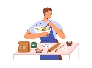 Person cooks home food from flour and eggs. Man cooking at kitchen table, preparing dough for baking in bowl. Homemade bakery preparation. Flat vector illustration isolated on white background.