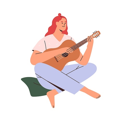 Musician playing guitar. Happy young woman guitarist with musical acoustic instrument. Modern creative relaxed music player. Talented person. Flat vector illustration isolated on white .