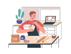 Person cooking food at home, watching culinary courses online at laptop. Man in apron at kitchen looking remote lesson on bakery via internet. Flat vector illustration isolated on white .