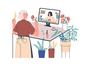 Florist studying at distant online course. Woman with flowers, plants learning floristry at remote botanical floral school at computer. Flat vector illustration isolated on white .
