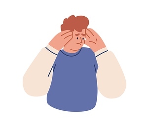 Sad depressed person grabbing head after fail. Upset disappointed troubled man with confused frustrated face expression. Disappointment emotion. Flat vector illustration isolated on white .