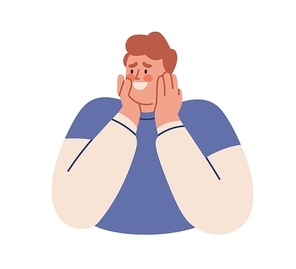 Enamored embarrassed man falling in love, turning red. Shy confused charmed person admiring, feeling sentiment emotions, looking with adoration. Flat vector illustration isolated on white .