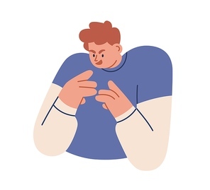 Unpleasant gloating person, plotting, planning and scheming negative dirty affairs. Evil nasty cunning man with sly face expression. Flat graphic vector illustration isolated on white .