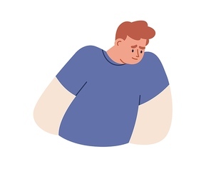 Ashamed sad person with embarrassed shy face expression. Man feeling awkward, uncomfortable, shame emotion. Guilty confused guy is sorry. Flat vector illustration isolated on white .