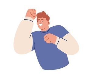 Cheerful encouraging person, cheering, supporting smb with clenched fist gesture. Happy smiling excited man rejoicing. Excitement emotion. Flat vector illustration isolated on white .
