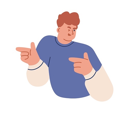 Playful person winking and pointing with fingers. Happy confident seductive man with you gesture. Smiling positive cool guy, seducer hinting. Flat vector illustration isolated on white .