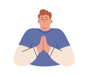 Happy grateful person with palms together. Thankful blissful man with closed eyes feeling gratitude, bliss, happiness, joy. Guy praying, thanking. Flat vector illustration isolated on white .