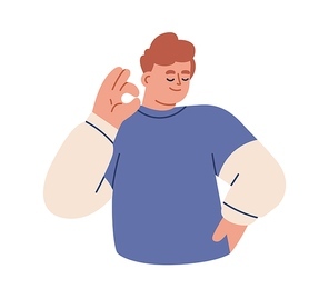 Satisfied confident person gesturing OK with hand. Happy calm man with okay, all right sign, approving smth. Positive emotion of satisfaction. Flat vector illustration isolated on white .