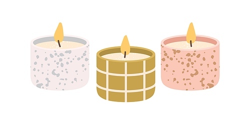 Scented wax candles. Modern aromatic decoration for cosy home interior. Decorative burning candlelight. Natural romantic decor with flame. Flat vector illustration isolated on white .