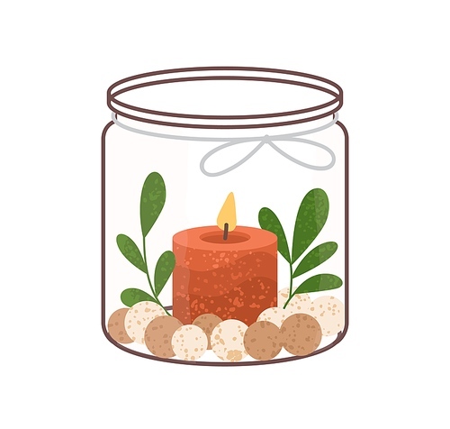 Scented wax candle in glass jar. Modern aromatic decoration with leaf, stones. Natural cozy decorative burning candlelight with flame. Flat vector illustration isolated on white .